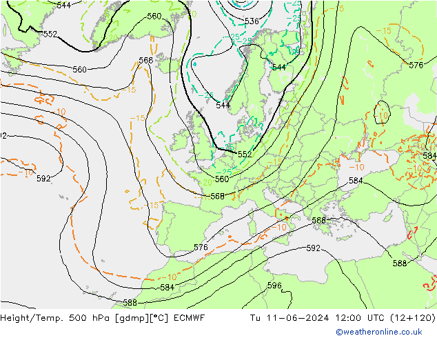 Z500/Rain (+SLP)/Z850 ECMWF Tu 11.06.2024 12 UTC