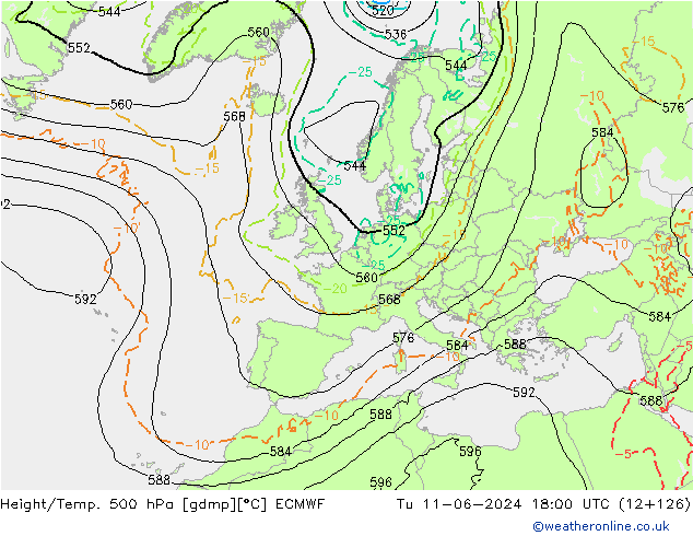 Z500/Rain (+SLP)/Z850 ECMWF Tu 11.06.2024 18 UTC