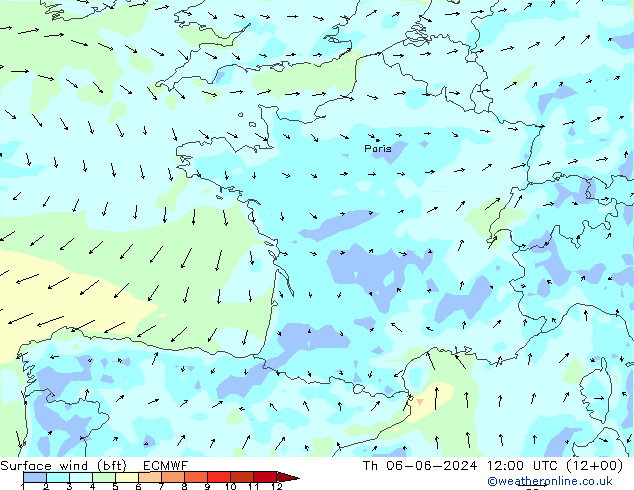 Surface wind (bft) ECMWF Th 06.06.2024 12 UTC