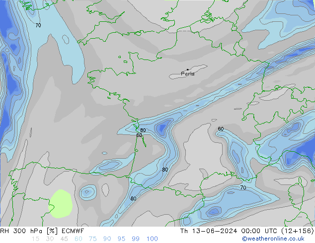 RH 300 гПа ECMWF чт 13.06.2024 00 UTC