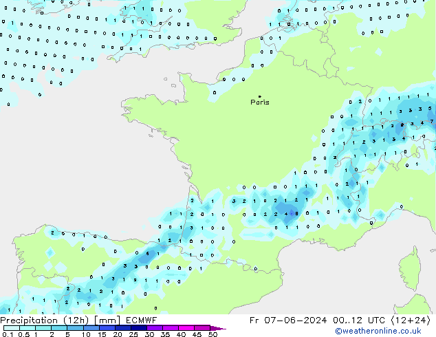 Totale neerslag (12h) ECMWF vr 07.06.2024 12 UTC