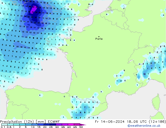 Precipitation (12h) ECMWF Fr 14.06.2024 06 UTC