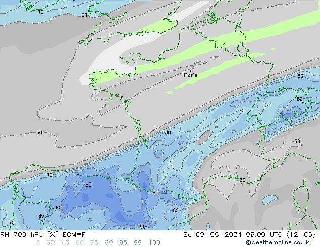 Humidité rel. 700 hPa ECMWF dim 09.06.2024 06 UTC