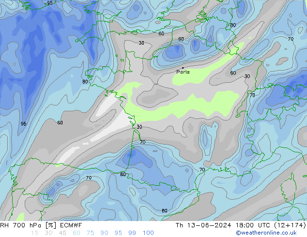 Humidité rel. 700 hPa ECMWF jeu 13.06.2024 18 UTC