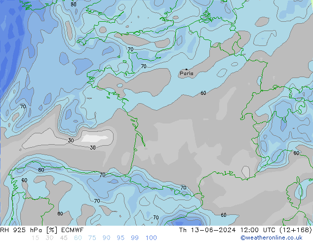 Humidité rel. 925 hPa ECMWF jeu 13.06.2024 12 UTC