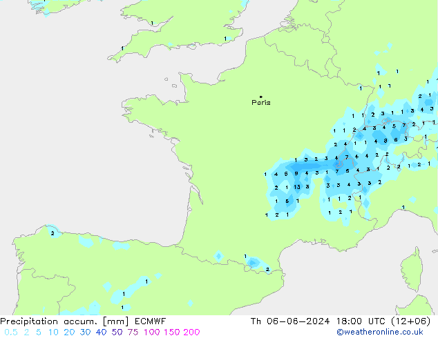 Precipitation accum. ECMWF Qui 06.06.2024 18 UTC