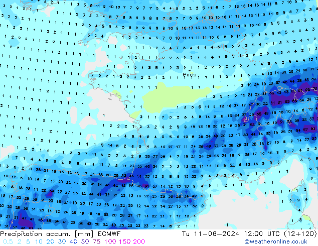 Precipitation accum. ECMWF wto. 11.06.2024 12 UTC