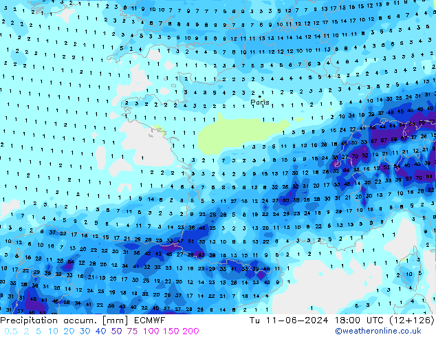 Totale neerslag ECMWF di 11.06.2024 18 UTC