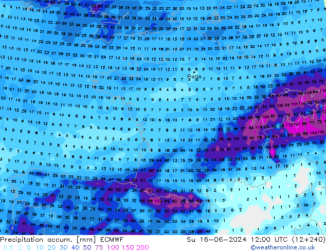 Precipitation accum. ECMWF Su 16.06.2024 12 UTC