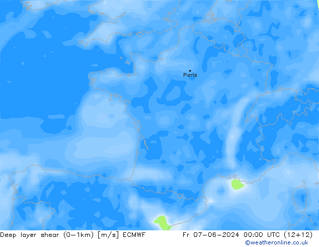 Deep layer shear (0-1km) ECMWF vie 07.06.2024 00 UTC