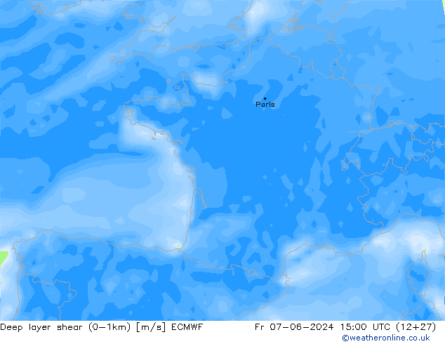 Deep layer shear (0-1km) ECMWF Cu 07.06.2024 15 UTC