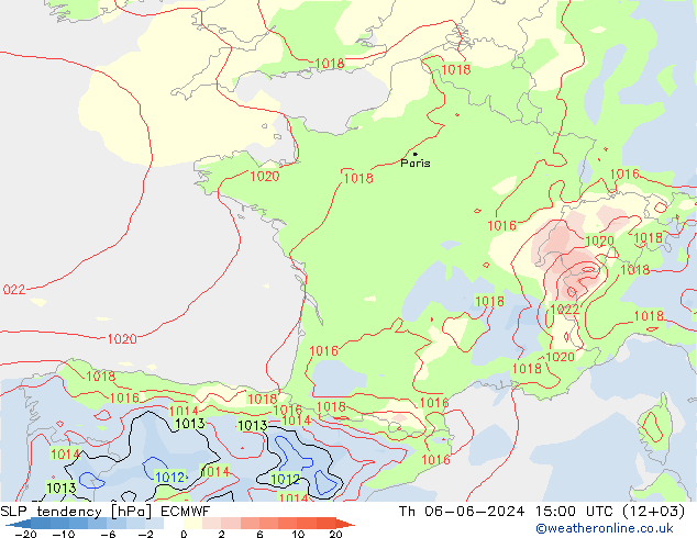 SLP tendency ECMWF Th 06.06.2024 15 UTC