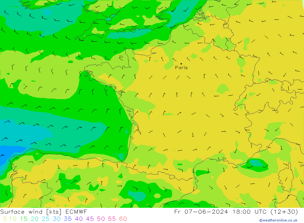 wiatr 10 m ECMWF pt. 07.06.2024 18 UTC