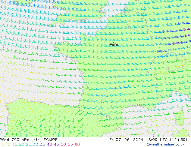 Vent 700 hPa ECMWF ven 07.06.2024 18 UTC