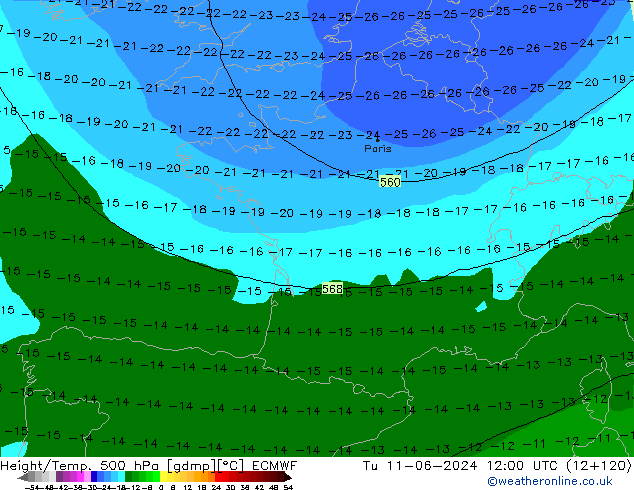 Z500/Rain (+SLP)/Z850 ECMWF Tu 11.06.2024 12 UTC