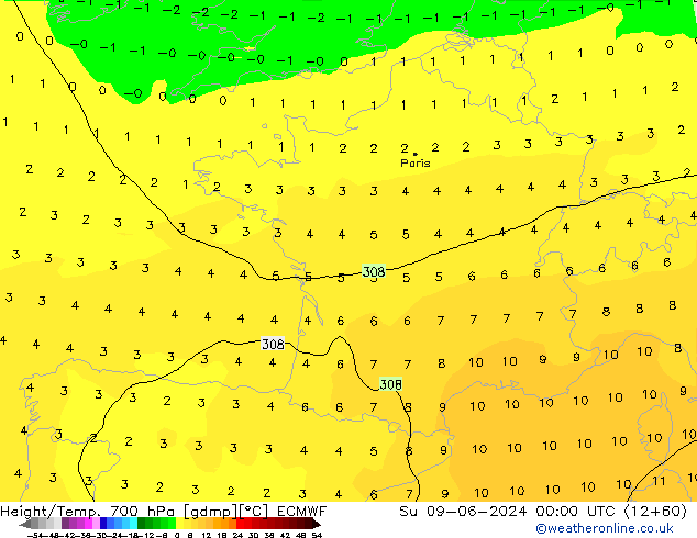 Hoogte/Temp. 700 hPa ECMWF zo 09.06.2024 00 UTC