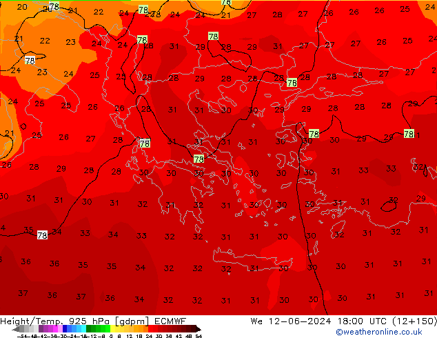 Height/Temp. 925 hPa ECMWF We 12.06.2024 18 UTC