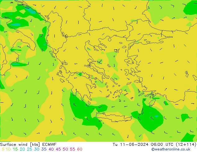 wiatr 10 m ECMWF wto. 11.06.2024 06 UTC