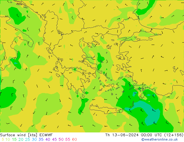 wiatr 10 m ECMWF czw. 13.06.2024 00 UTC