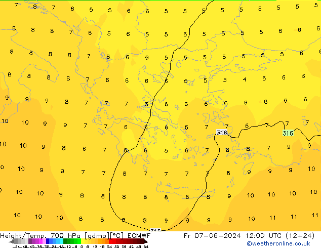 Height/Temp. 700 hPa ECMWF Fr 07.06.2024 12 UTC