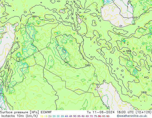 Isotachs (kph) ECMWF Tu 11.06.2024 18 UTC