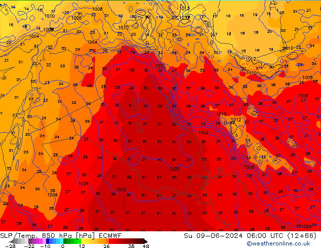 SLP/Temp. 850 hPa ECMWF zo 09.06.2024 06 UTC