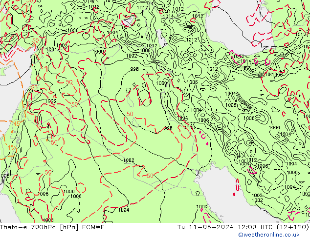 Theta-e 700hPa ECMWF Út 11.06.2024 12 UTC