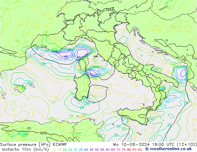 Isotachs (kph) ECMWF  10.06.2024 18 UTC