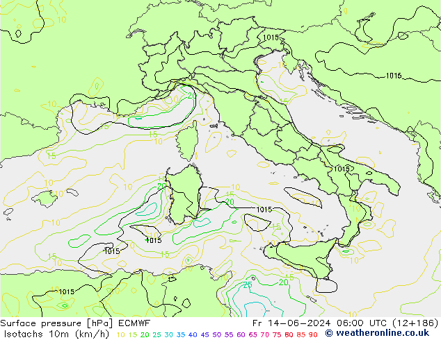 Isotaca (kph) ECMWF vie 14.06.2024 06 UTC