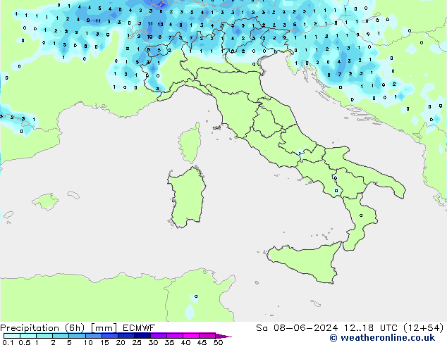 Precipitation (6h) ECMWF Sa 08.06.2024 18 UTC