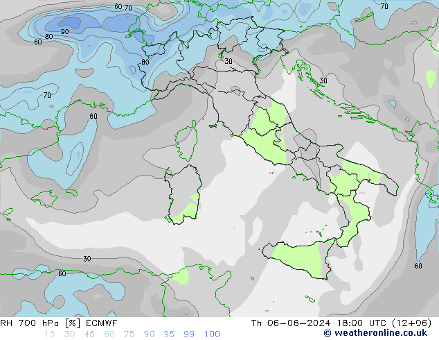 RH 700 hPa ECMWF Th 06.06.2024 18 UTC