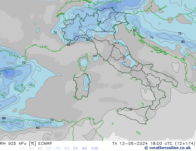 RH 925 hPa ECMWF czw. 13.06.2024 18 UTC