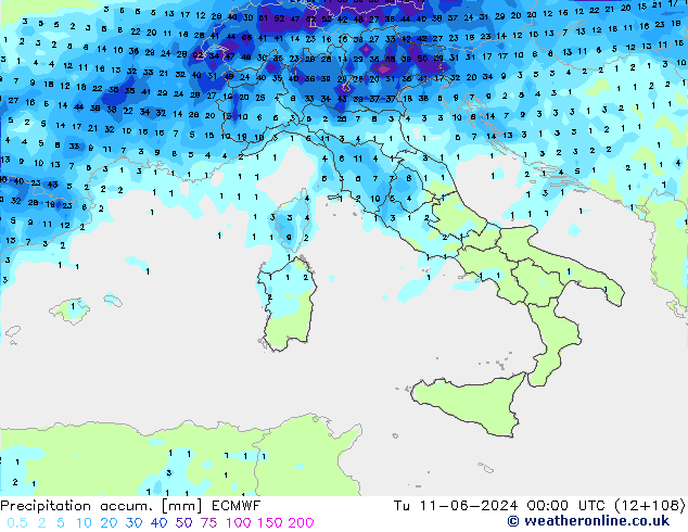 Totale neerslag ECMWF di 11.06.2024 00 UTC