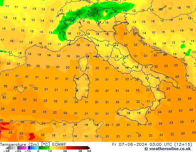 Temperature (2m) ECMWF Fr 07.06.2024 03 UTC