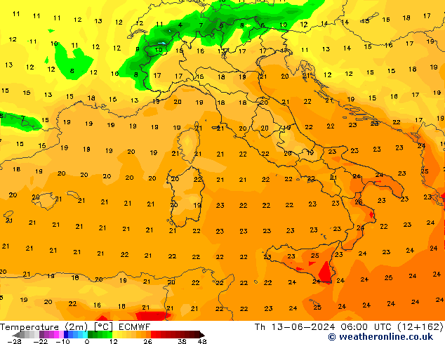 Temperatura (2m) ECMWF jue 13.06.2024 06 UTC