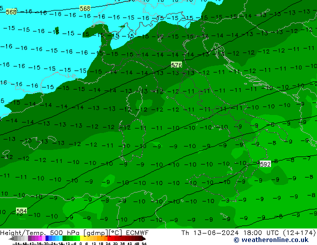 Height/Temp. 500 hPa ECMWF Qui 13.06.2024 18 UTC