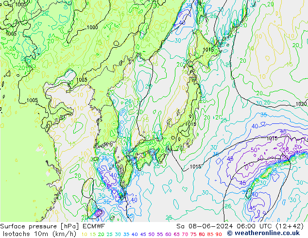 Isotachs (kph) ECMWF  08.06.2024 06 UTC