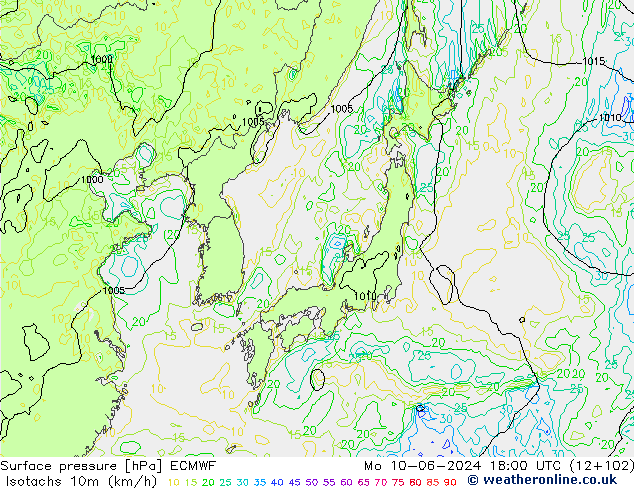 Isotachs (kph) ECMWF Mo 10.06.2024 18 UTC