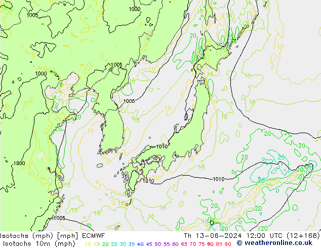 Isotachs (mph) ECMWF Th 13.06.2024 12 UTC