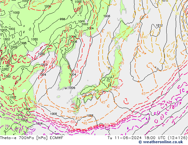 Theta-e 700hPa ECMWF Út 11.06.2024 18 UTC