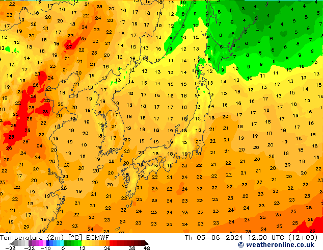 Temperature (2m) ECMWF Čt 06.06.2024 12 UTC