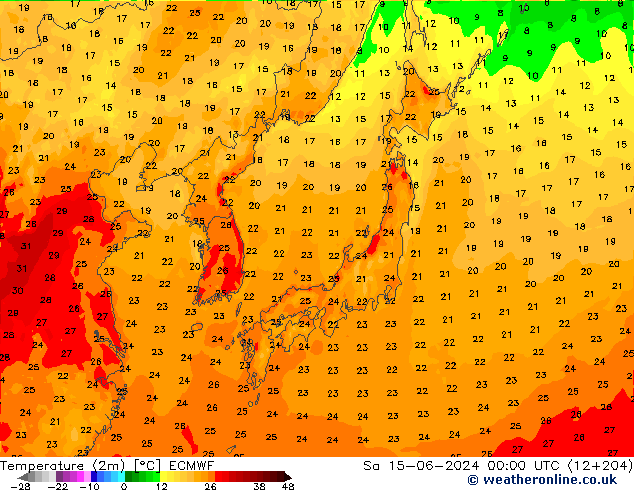 Temperatura (2m) ECMWF Sáb 15.06.2024 00 UTC