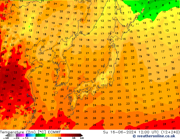 Temperature (2m) ECMWF Su 16.06.2024 12 UTC