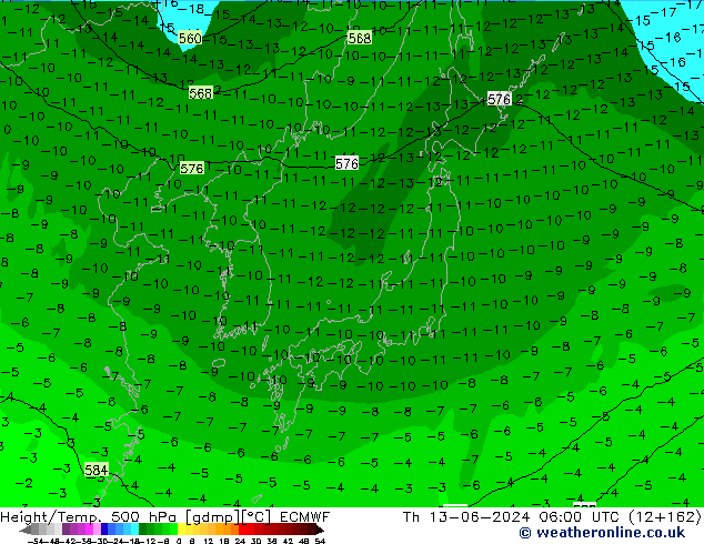 Z500/Rain (+SLP)/Z850 ECMWF gio 13.06.2024 06 UTC