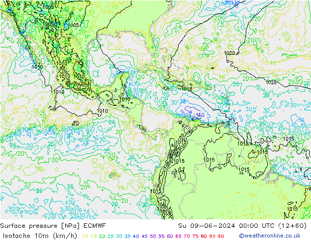 Isotachs (kph) ECMWF dom 09.06.2024 00 UTC