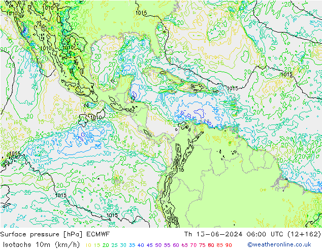 Isotachs (kph) ECMWF gio 13.06.2024 06 UTC