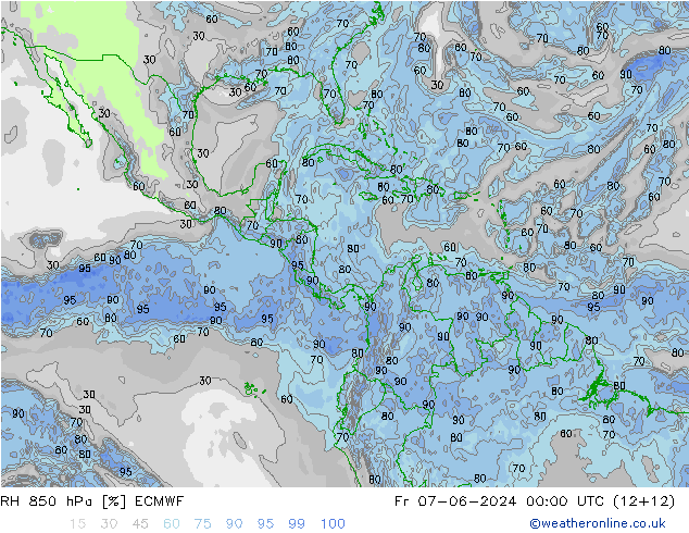 Humedad rel. 850hPa ECMWF vie 07.06.2024 00 UTC