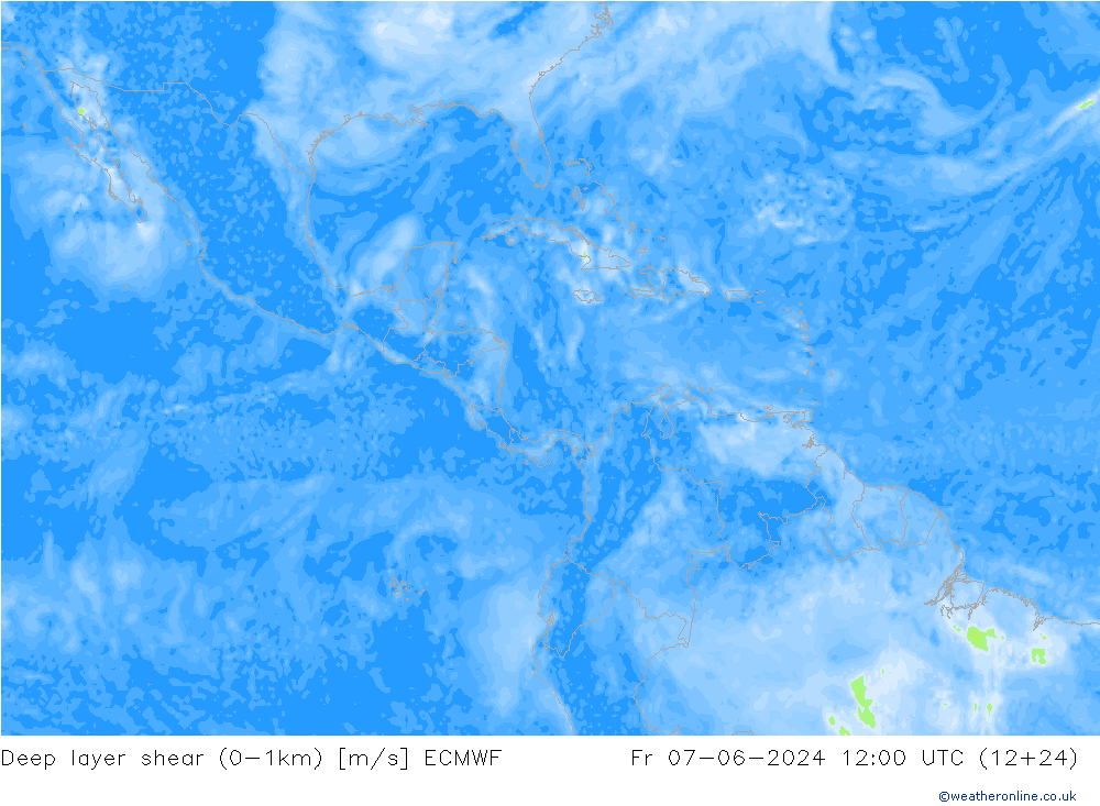 Deep layer shear (0-1km) ECMWF Cu 07.06.2024 12 UTC