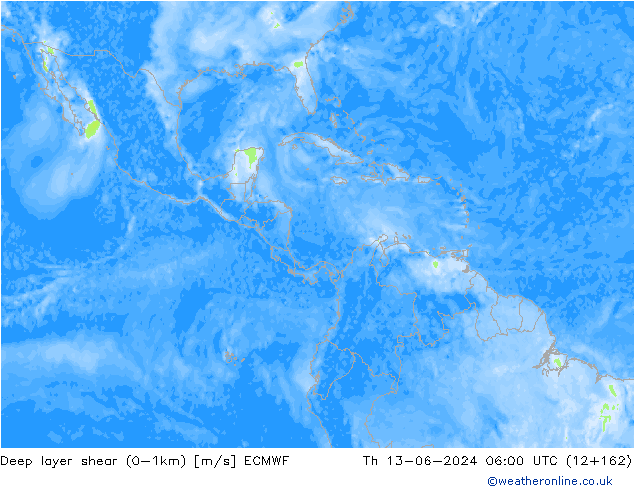 Deep layer shear (0-1km) ECMWF Qui 13.06.2024 06 UTC