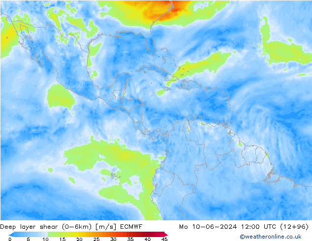 Deep layer shear (0-6km) ECMWF ma 10.06.2024 12 UTC